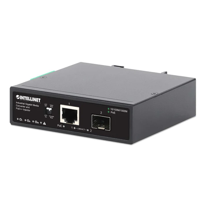 Industrial Gigabit Media Converter and PoE++ Injector
10/100/1000Base-TX to SFP Slot, PoE Injector Function, 95 W, IEEE 802.3bt (4PPoE) Compliant, IP50-rated Metal Housing, DIN-Rail Mount and Wall-Mount Option
