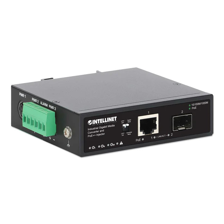 Industrial Gigabit Media Converter and PoE++ Injector
10/100/1000Base-TX to SFP Slot, PoE Injector Function, 95 W, IEEE 802.3bt (4PPoE) Compliant, IP50-rated Metal Housing, DIN-Rail Mount and Wall-Mount Option