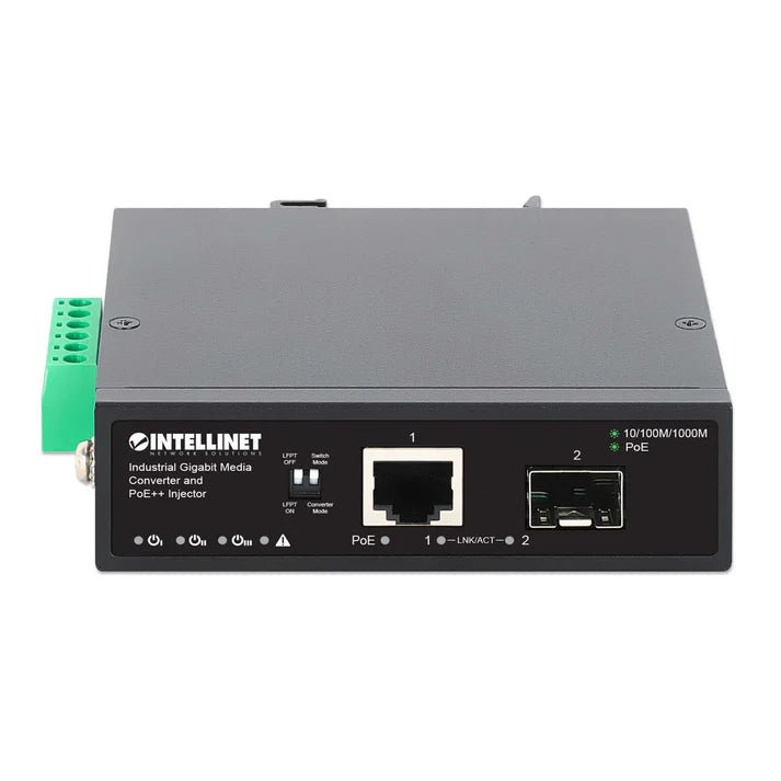 Industrial Gigabit Media Converter and PoE++ Injector
10/100/1000Base-TX to SFP Slot, PoE Injector Function, 95 W, IEEE 802.3bt (4PPoE) Compliant, IP50-rated Metal Housing, DIN-Rail Mount and Wall-Mount Option