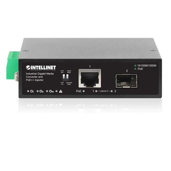 Industrial Gigabit Media Converter and PoE++ Injector
10/100/1000Base-TX to SFP Slot, PoE Injector Function, 95 W, IEEE 802.3bt (4PPoE) Compliant, IP50-rated Metal Housing, DIN-Rail Mount and Wall-Mount Option