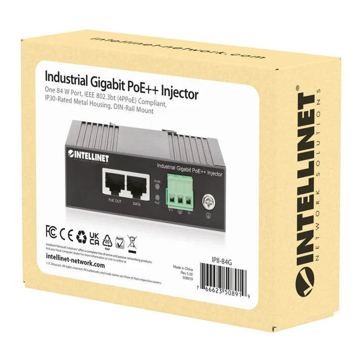 Industrial Gigabit PoE++ Injector
One 84 W Port, IEEE 802.3bt (4PPoE) Compliant, IP30-Rated Metal Housing, DIN-Rail Mount