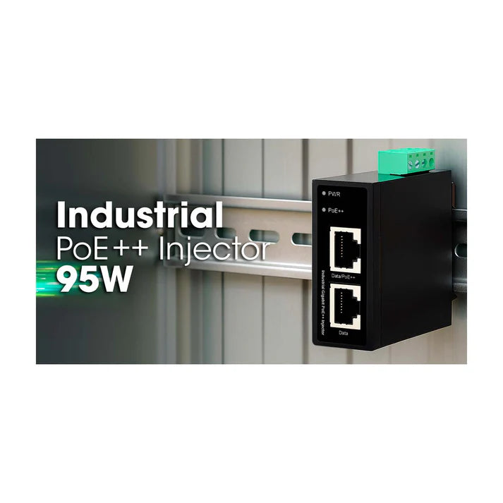 Industrial Gigabit PoE++ Injector
One 95 W Port, IEEE 802.3bt (4PPoE) Compliant, IP50-Rated Metal Housing, DIN-Rail Mount