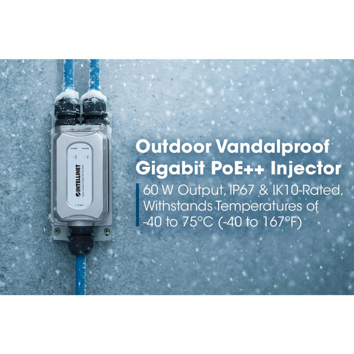 Outdoor Vandalproof Gigabit PoE++ Injector
One 60 W Port, IEEE 802.3bt (4PPoE) Compliant, IP67 Waterproof, IK10 Vandalproof, Metal Housing