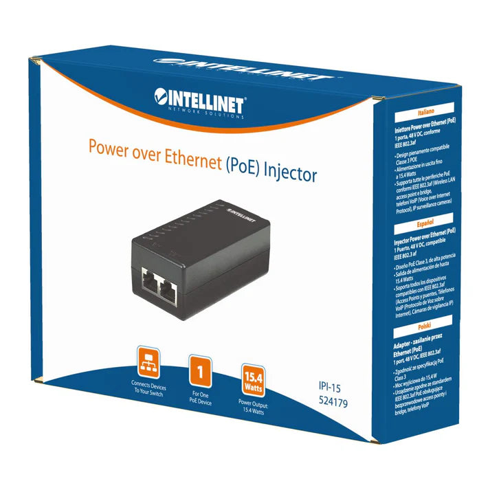 Power over Ethernet (PoE) Injector
One 15.4 W Port, IEEE 802.af Compliant, Plastic Housing