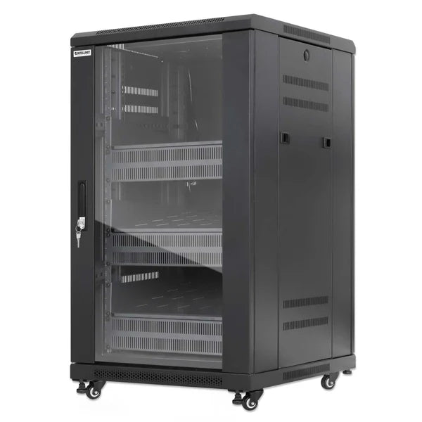 Pro Line Network Cabinet with Integrated Fans, 18U
23.6 in. (600 mm) Depth and Width, Roof-mounted Two-fan Ventilation Unit with Thermostat, Assembled, Black RAL 9004