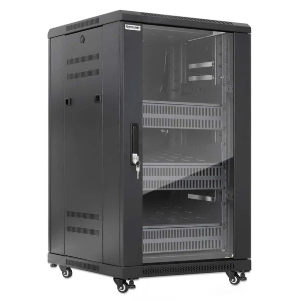 Pro Line Network Cabinet with Integrated Fans, 18U
23.6 in. (600 mm) Depth and Width, Roof-mounted Two-fan Ventilation Unit with Thermostat, Assembled, Black RAL 9004