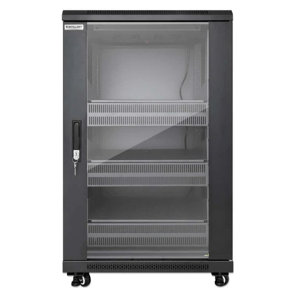 Pro Line Network Cabinet with Integrated Fans, 18U
23.6 in. (600 mm) Depth and Width, Roof-mounted Two-fan Ventilation Unit with Thermostat, Assembled, Black RAL 9004
