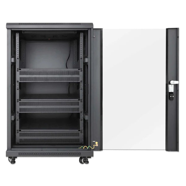Pro Line Network Cabinet with Integrated Fans, 18U
23.6 in. (600 mm) Depth and Width, Roof-mounted Two-fan Ventilation Unit with Thermostat, Assembled, Black RAL 9004