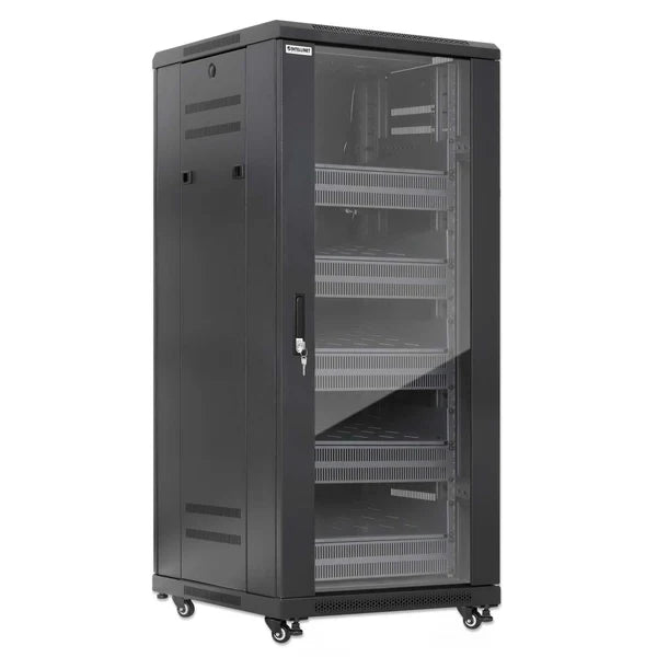 Pro Line Network Cabinet with Integrated Fans, 27U
23.6 in. (600 mm) Depth and Width, Roof-mounted Two-fan Ventilation Unit with Thermostat, Assembled, Black RAL 9004