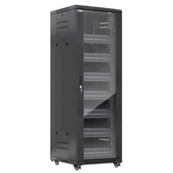 Pro Line Network Cabinet with Integrated Fans, 38U
23.6 in. (600 mm) Depth and Width, Roof-mounted Two-fan Ventilation Unit with Thermostat, Assembled, Black RAL 9004