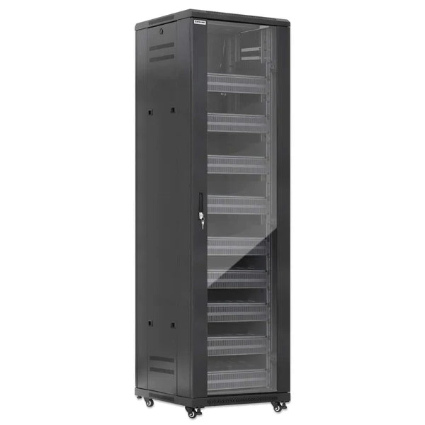 Pro Line Network Cabinet with Integrated Fans, 42U
23.6 in. (600 mm) Depth and Width, Roof-mounted Two-fan Ventilation Unit with Thermostat, Assembled, Black RAL 9004