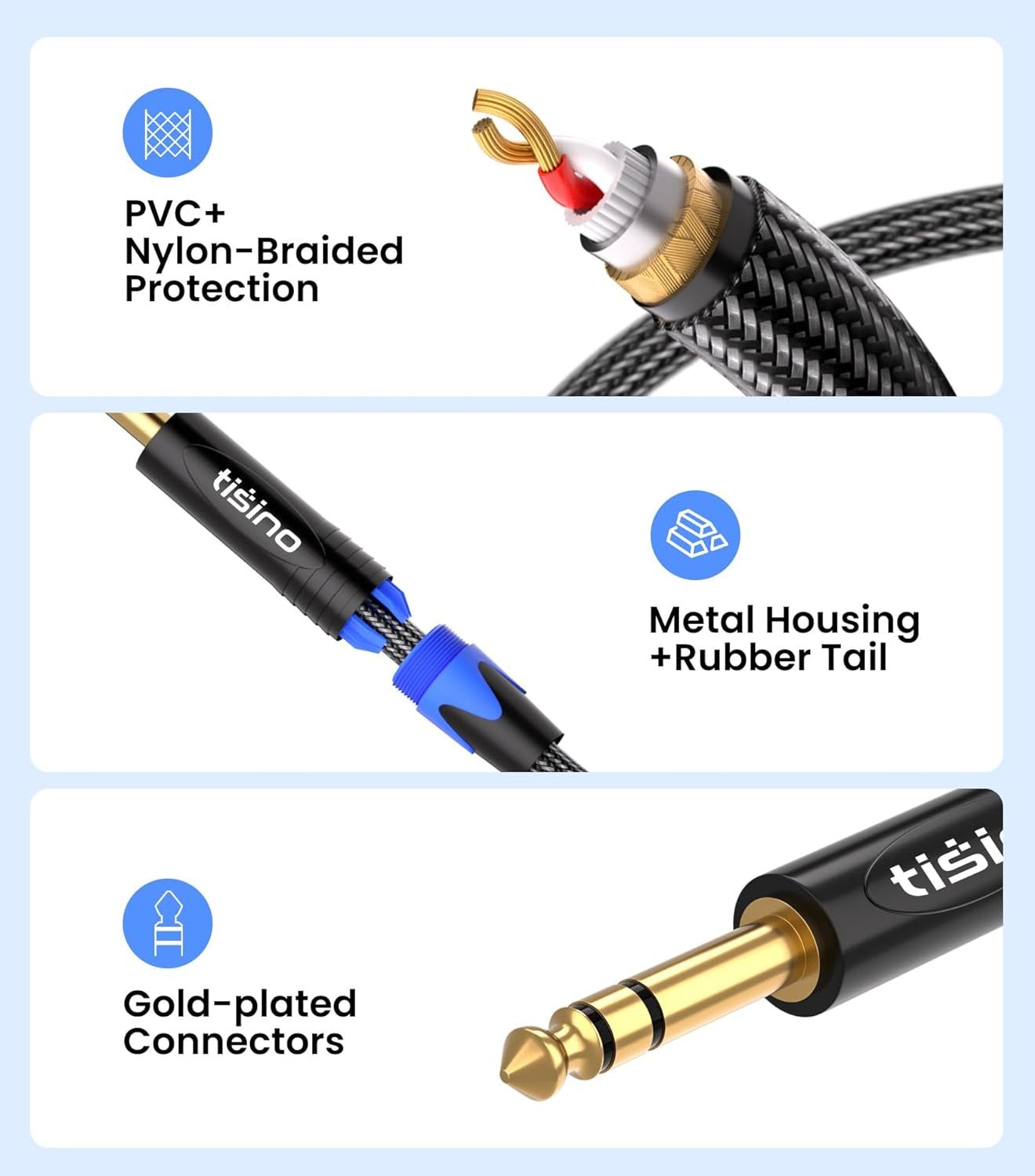 1/4 Inch TRS Cable, Quarter Inch 1/4 TRS Balanced Stereo Audio Cable Male to Male Pro Interconnect Cable Guitar Cable, Nylon Braid - 3 FT