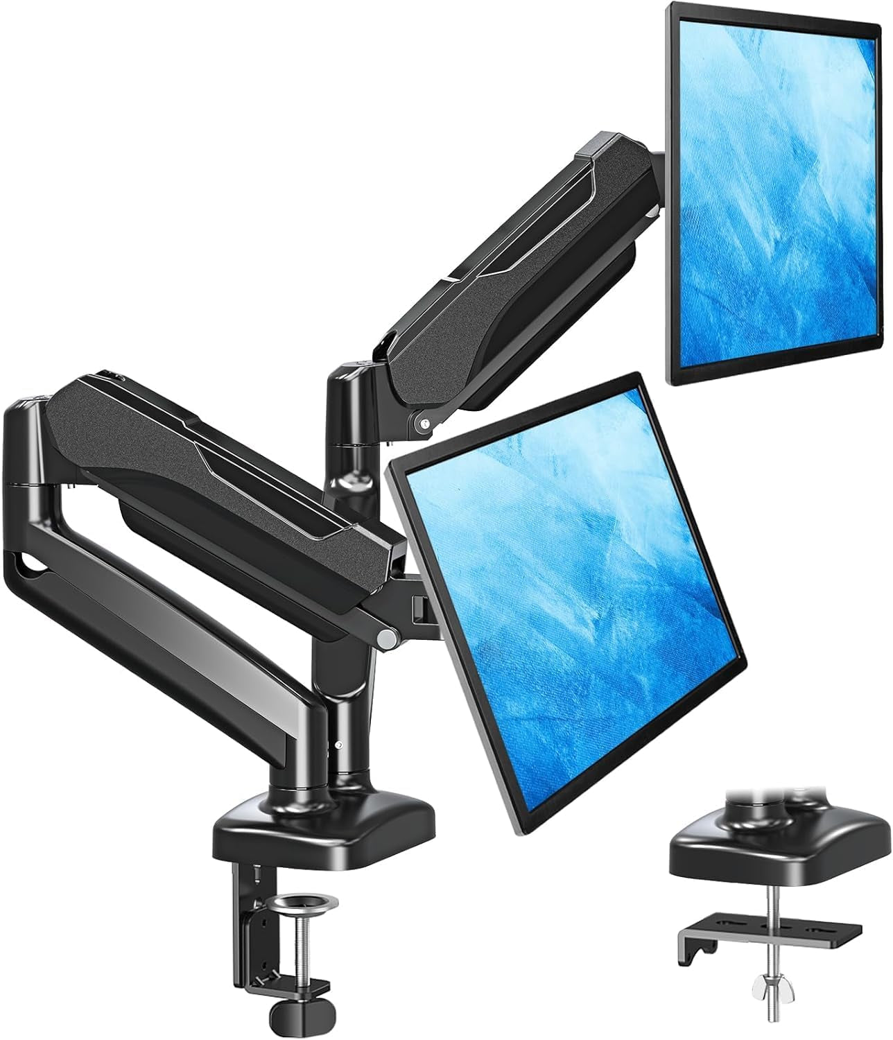 Dual Monitor Stand for Desk, Gas Spring Monitor Arms for 2 Monitors 32 27 24 22 Inches, Height Adjustable Double Monitor Mount, VESA Mount with C-Clamp & Grommet Base, Holds 4.4-17.6Lbs, Black