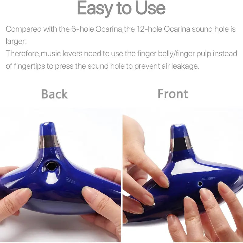 12-Hole Alto C Smooth Ceramic Ocarina Set - Musical Instruments with Neck Strap Cord, Song Book, Hand-Shape Display Stand, Black Protective Bag, Deep Sound, Unisex, All Ages, Elegant Box Makes Gifting Effortless, Art Decoration, Perfect for Enthusiasts