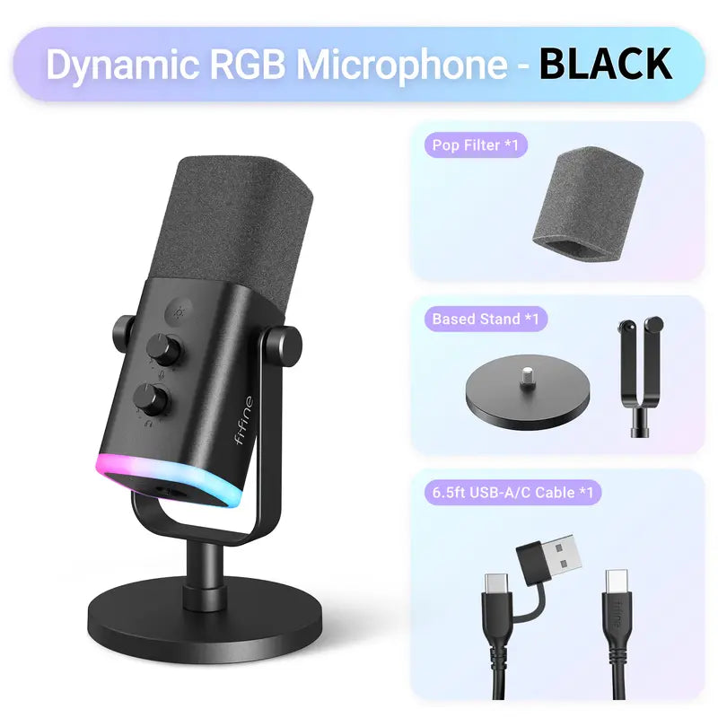Fifine AM8 XLR/USB Dynamic RGB Gaming Microphone for Content Creator, Gamer Stuff, Quick Mute, Headphone Jack, Gain Knob, Volume Control, USB Type A/USB-C Desktop Mic for Daily PC & Smartphone Use, XLR for Audio Interface Mixer
