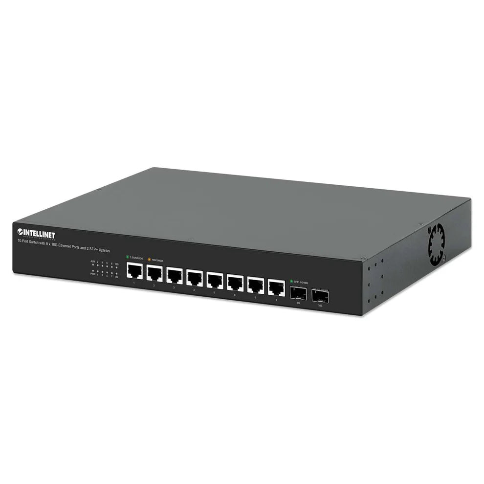 10-Port Switch with 8 x 10G Ethernet Ports and 2 SFP+ Uplinks
Eight 100 Mbps/1G/2.5G/5G/10G RJ45 Ports, Two 10G SFP+ Open Slots, Unmanaged, Desktop Format, Includes Optional 19" Rackmount Brackets