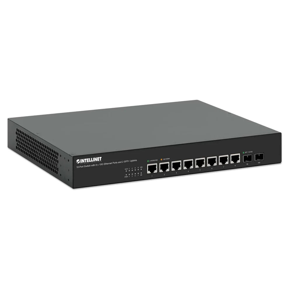 10-Port Switch with 8 x 10G Ethernet Ports and 2 SFP+ Uplinks
Eight 100 Mbps/1G/2.5G/5G/10G RJ45 Ports, Two 10G SFP+ Open Slots, Unmanaged, Desktop Format, Includes Optional 19" Rackmount Brackets