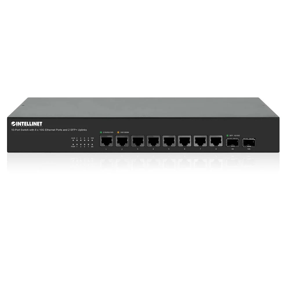 10-Port Switch with 8 x 10G Ethernet Ports and 2 SFP+ Uplinks
Eight 100 Mbps/1G/2.5G/5G/10G RJ45 Ports, Two 10G SFP+ Open Slots, Unmanaged, Desktop Format, Includes Optional 19" Rackmount Brackets