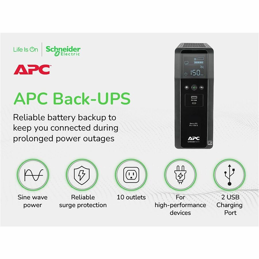 APC Back-UPS Pro, 1500VA/900W, Tower, 120V, 10x NEMA 5-15R outlets, AVR, USB Type A + C ports, LCD, User Replaceable Battery
