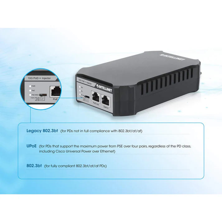 10G PoE++ Injector
One 95 W Port, IEEE 802.3bt (4PPoE) Compliant, Plastic Housing, Wall-mount Option