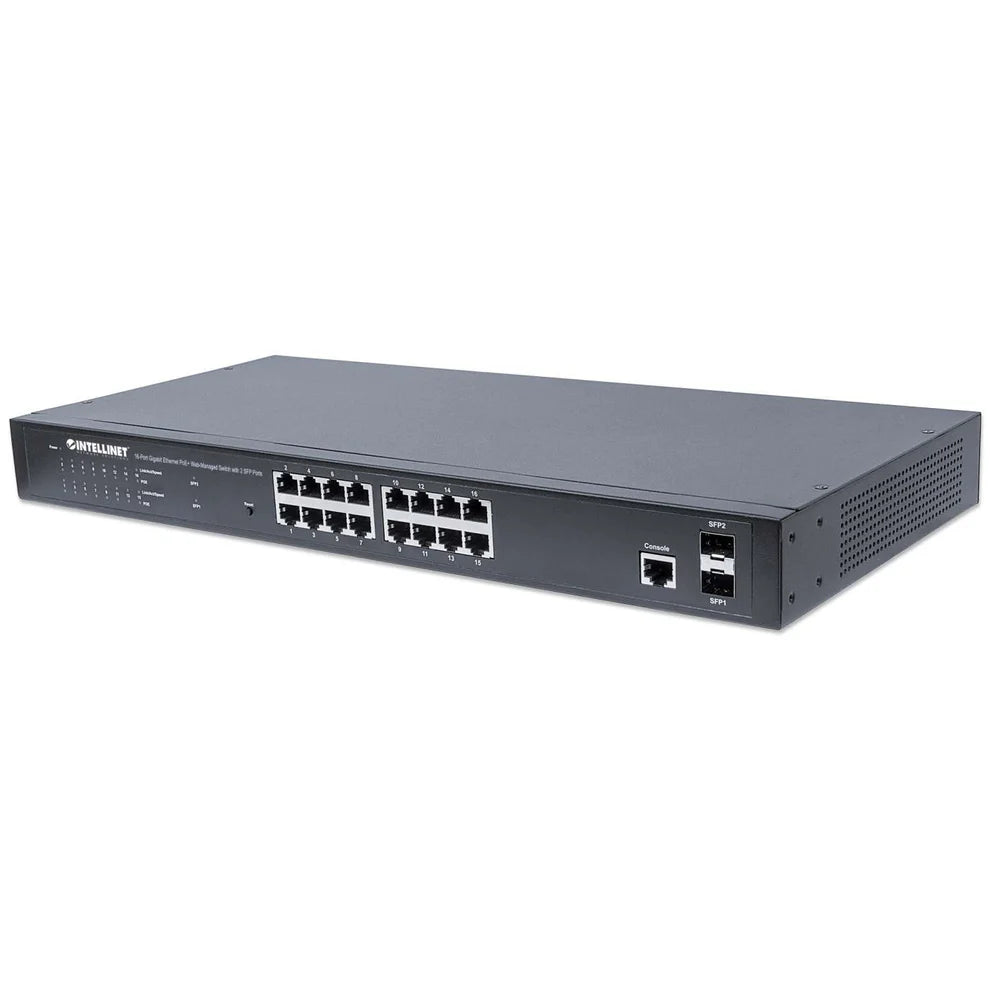 16-Port Gigabit Ethernet PoE+ Web-Managed Switch with 2 SFP Ports
IEEE 802.3at/af Power over Ethernet (PoE+/PoE) Compliant, 374 W, Self-Healing Network, Endspan, 19" Rackmount