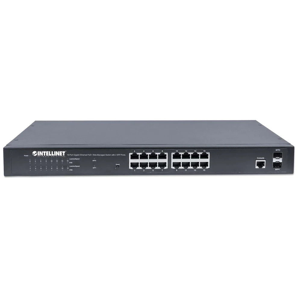 16-Port Gigabit Ethernet PoE+ Web-Managed Switch with 2 SFP Ports
IEEE 802.3at/af Power over Ethernet (PoE+/PoE) Compliant, 374 W, Self-Healing Network, Endspan, 19" Rackmount