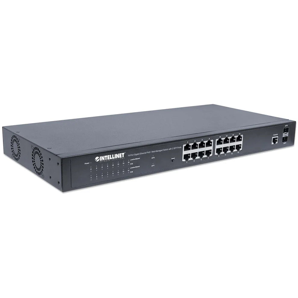 16-Port Gigabit Ethernet PoE+ Web-Managed Switch with 2 SFP Ports
IEEE 802.3at/af Power over Ethernet (PoE+/PoE) Compliant, 374 W, Self-Healing Network, Endspan, 19" Rackmount