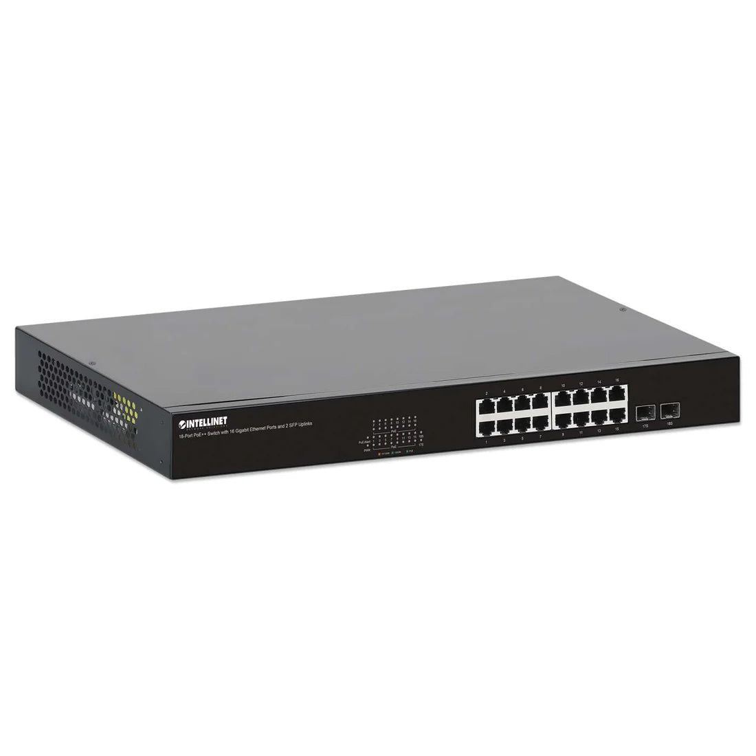 18-Port PoE++ Switch with 16 Gigabit Ethernet Ports and 2 SFP Uplinks
IEEE 802.3bt (4PPoE) Compliant, 16 PSE PoE++ Ports (90 W), 440 W PoE Power Budget, Two 1G SFP Open Slots, 19" Rackmount