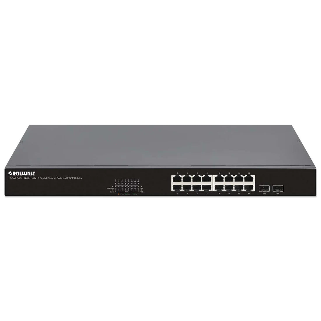 18-Port PoE++ Switch with 16 Gigabit Ethernet Ports and 2 SFP Uplinks
IEEE 802.3bt (4PPoE) Compliant, 16 PSE PoE++ Ports (90 W), 440 W PoE Power Budget, Two 1G SFP Open Slots, 19" Rackmount