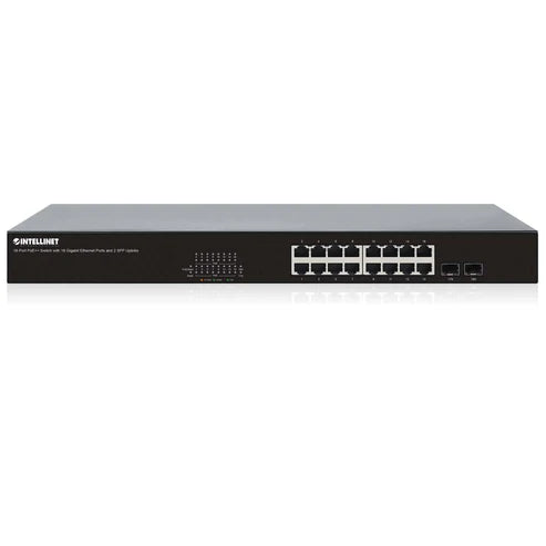 18-Port PoE++ Switch with 16 Gigabit Ethernet Ports and 2 SFP Uplinks
IEEE 802.3bt (4PPoE) Compliant, 16 PSE PoE++ Ports (90 W), 440 W PoE Power Budget, Two 1G SFP Open Slots, 19" Rackmount