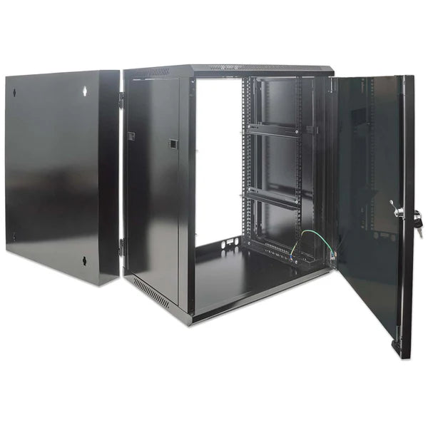 19" Double Section Wallmount Cabinet, 15U, 550 mm (21.7 in.) Depth, Black
Assembled, Steel Panels, Maximum Static Load 30 kg, Reversible Front Door