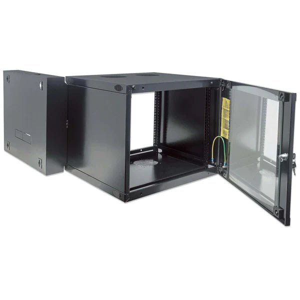 19" Double Section Wallmount Cabinet, 6U, 600 mm (23.6 in.) Depth, Black
Flat Pack, Steel Panels, Maximum Static Load 30 kg, Reversible Front Door