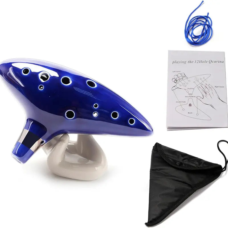 12-Hole Alto C Smooth Ceramic Ocarina Set - Musical Instruments with Neck Strap Cord, Song Book, Hand-Shape Display Stand, Black Protective Bag, Deep Sound, Unisex, All Ages, Elegant Box Makes Gifting Effortless, Art Decoration, Perfect for Enthusiasts