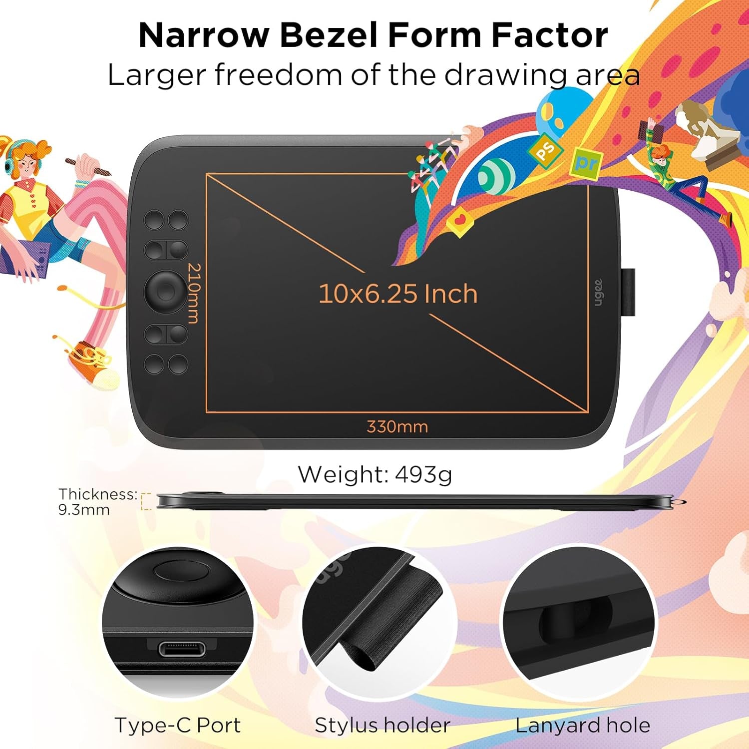 Upgrade M908 10X6.25Drawing Tablet,Graphics Tablet with 8 Hot Keys & Scroll Wheel,Battery Free Stylus of 16K Levels Pressure Sensitivity Drawing Pad Compatible with Windows/Mac/Android Art Tablet