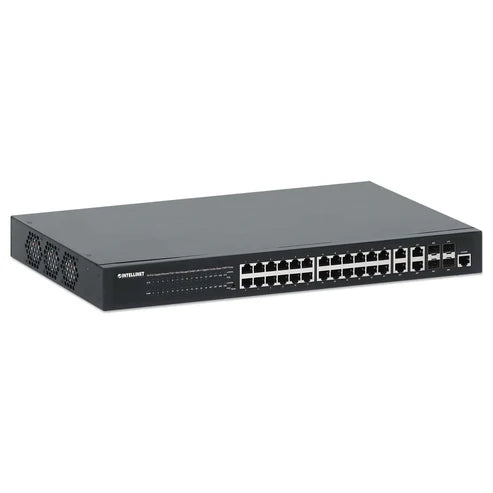 24-Port Gigabit Ethernet PoE+ Web-Managed Switch with 4 Gigabit Combo Base-T/SFP Ports
IEEE 802.3at/af Power over Ethernet (PoE+/PoE) Compliant, 370 W, Self-Healing Network, Endspan, 19" Rackmount