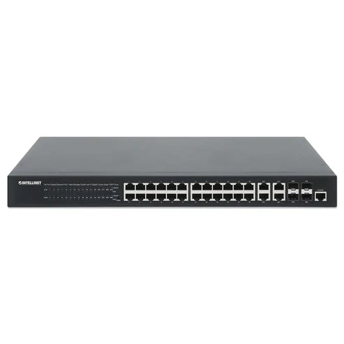 24-Port Gigabit Ethernet PoE+ Web-Managed Switch with 4 Gigabit Combo Base-T/SFP Ports
IEEE 802.3at/af Power over Ethernet (PoE+/PoE) Compliant, 370 W, Self-Healing Network, Endspan, 19" Rackmount