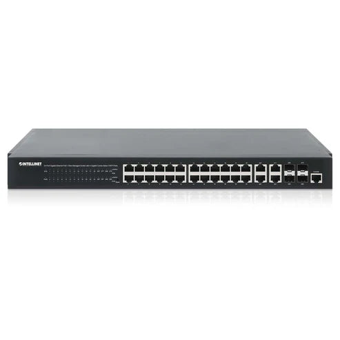 24-Port Gigabit Ethernet PoE+ Web-Managed Switch with 4 Gigabit Combo Base-T/SFP Ports
IEEE 802.3at/af Power over Ethernet (PoE+/PoE) Compliant, 370 W, Self-Healing Network, Endspan, 19" Rackmount