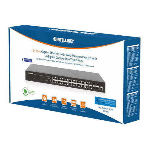24-Port Gigabit Ethernet PoE+ Web-Managed Switch with 4 Gigabit Combo Base-T/SFP Ports
IEEE 802.3at/af Power over Ethernet (PoE+/PoE) Compliant, 370 W, Self-Healing Network, Endspan, 19" Rackmount