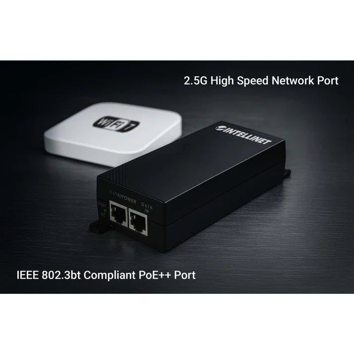 2.5G PoE++ Injector
One 60 W Port, IEEE 802.3bt (4PPoE) Compliant, 10/100/1000/2500 Mbps, Plastic Housing, Wall-mount Option