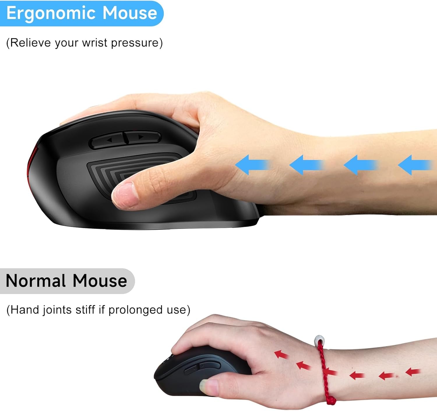 Ergonomic Wireless Mouse, 2.4G Optical Cordless, 800/1200/1600 DPI, Vertical Computer Mouse for Laptop, Mac, PC, Desktop (Right Hand, Large) - Red