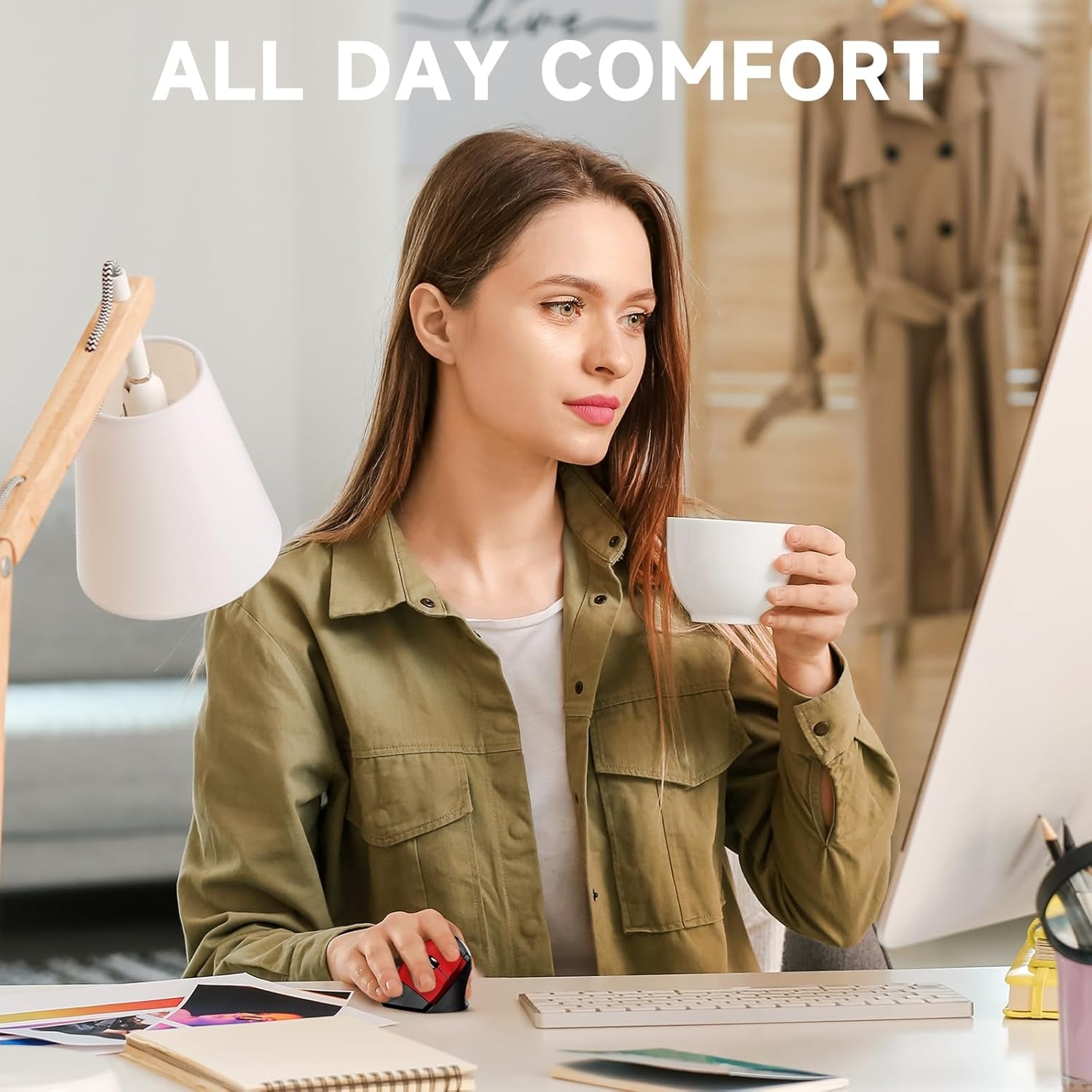 Ergonomic Wireless Mouse, 2.4G Optical Cordless, 800/1200/1600 DPI, Vertical Computer Mouse for Laptop, Mac, PC, Desktop (Right Hand, Large) - Red