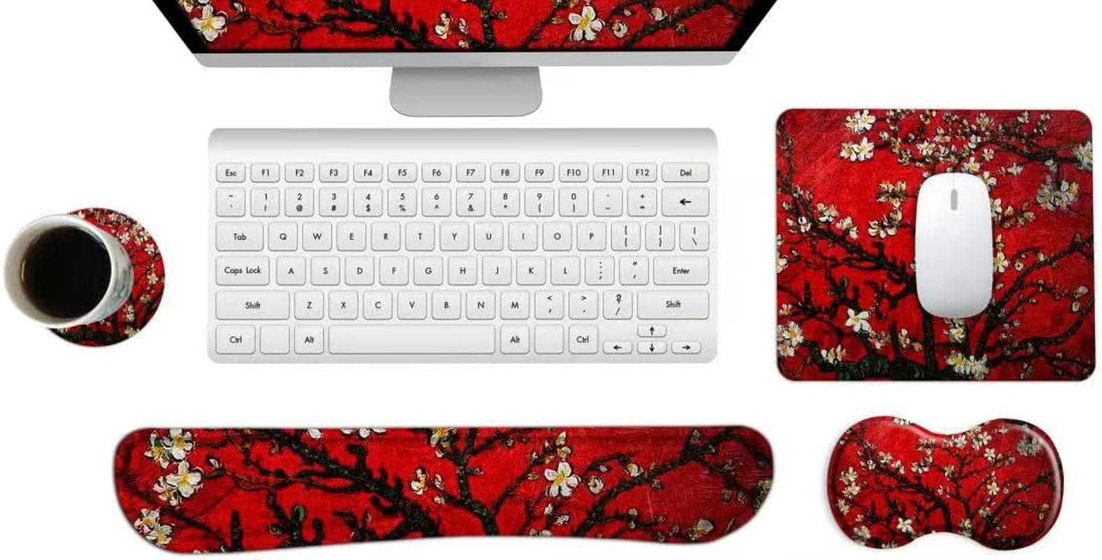 Keyboard Wrist Rest and Mouse Pad with Wrist Support Set Ergonomic Coaster, Memory Foam Mousepad Non-Slip Rubber Base Durable Comfortable for Easy Typing Pain Relief, Red Painting