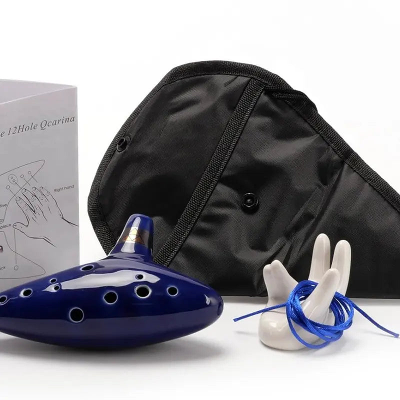12-Hole Alto C Smooth Ceramic Ocarina Set - Musical Instruments with Neck Strap Cord, Song Book, Hand-Shape Display Stand, Black Protective Bag, Deep Sound, Unisex, All Ages, Elegant Box Makes Gifting Effortless, Art Decoration, Perfect for Enthusiasts