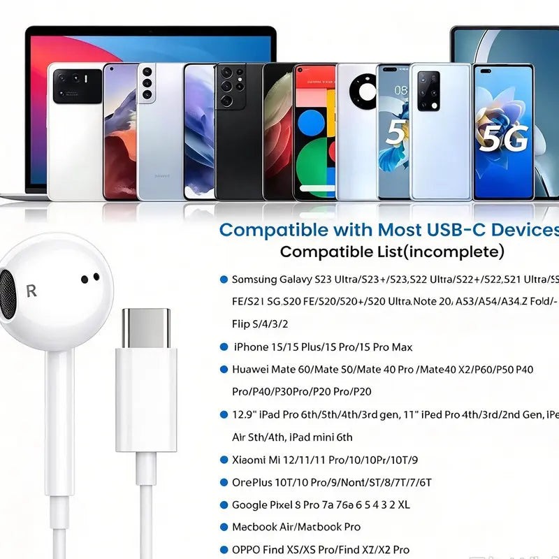 USB C Wired Earbuds with Mic & Volume Control,Volume Control, Hi-Fi Stereo, Dual-Channel, Custom-Fit for Phone 17/17 Pro/16/15, Samsung S25/S24/S23, Pixel 10/9, Oneplus, and USB-C Phones