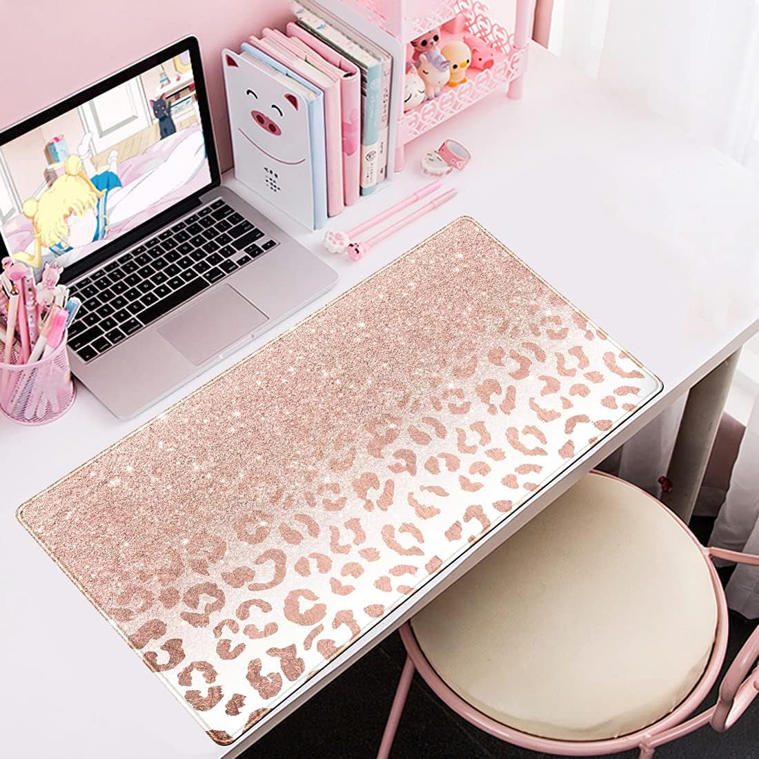 Desk Mat XXL Mouse Pad, Pink Rose Gold Leopard Print Office Supplies and Accessories Decor for Women 31.5X15.75In,Stitched Edges Smooth Non-Slip Bottom, Large Pad