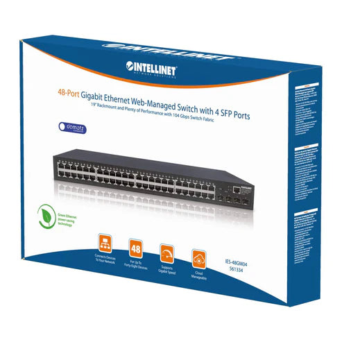 48-Port Gigabit Ethernet Web-Managed Switch with 4 SFP Ports
48 x 10/100/1000 Mbps RJ45 Ports + 4 x SFP, IEEE 802.3az Energy Efficient Ethernet, SNMP, QoS, VLAN, ACL, 19" Rackmount