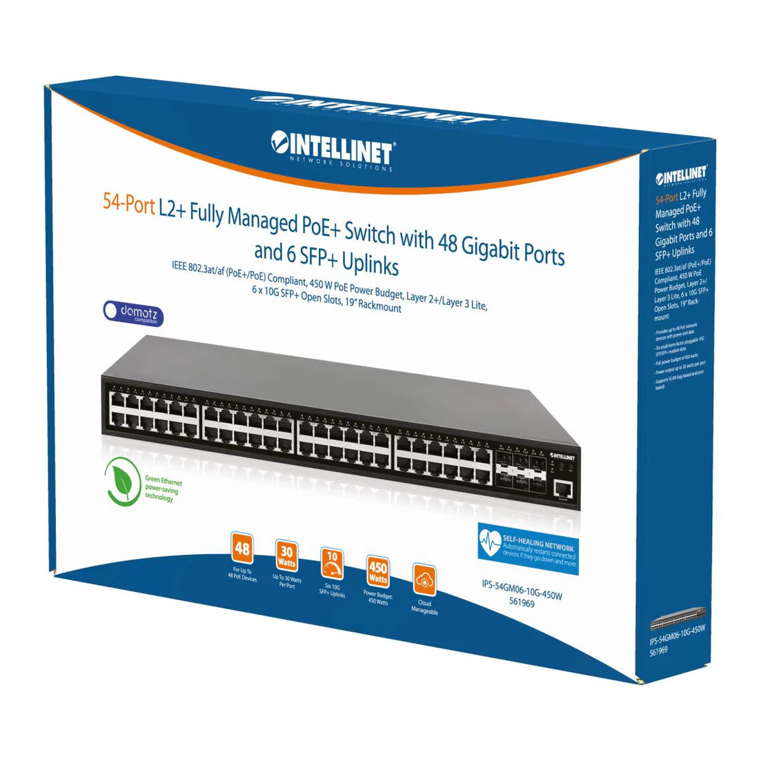 54-Port L2+ Fully Managed PoE+ Switch with 48 Gigabit Ethernet Ports and 6 SFP+ Uplinks
IEEE 802.3at/af (PoE+/PoE) Compliant, 450 W PoE Power Budget, Layer 2+/Layer 3 Lite, Six 10G SFP+ Open Slots, Self-Healing Network, 19" Rackmount