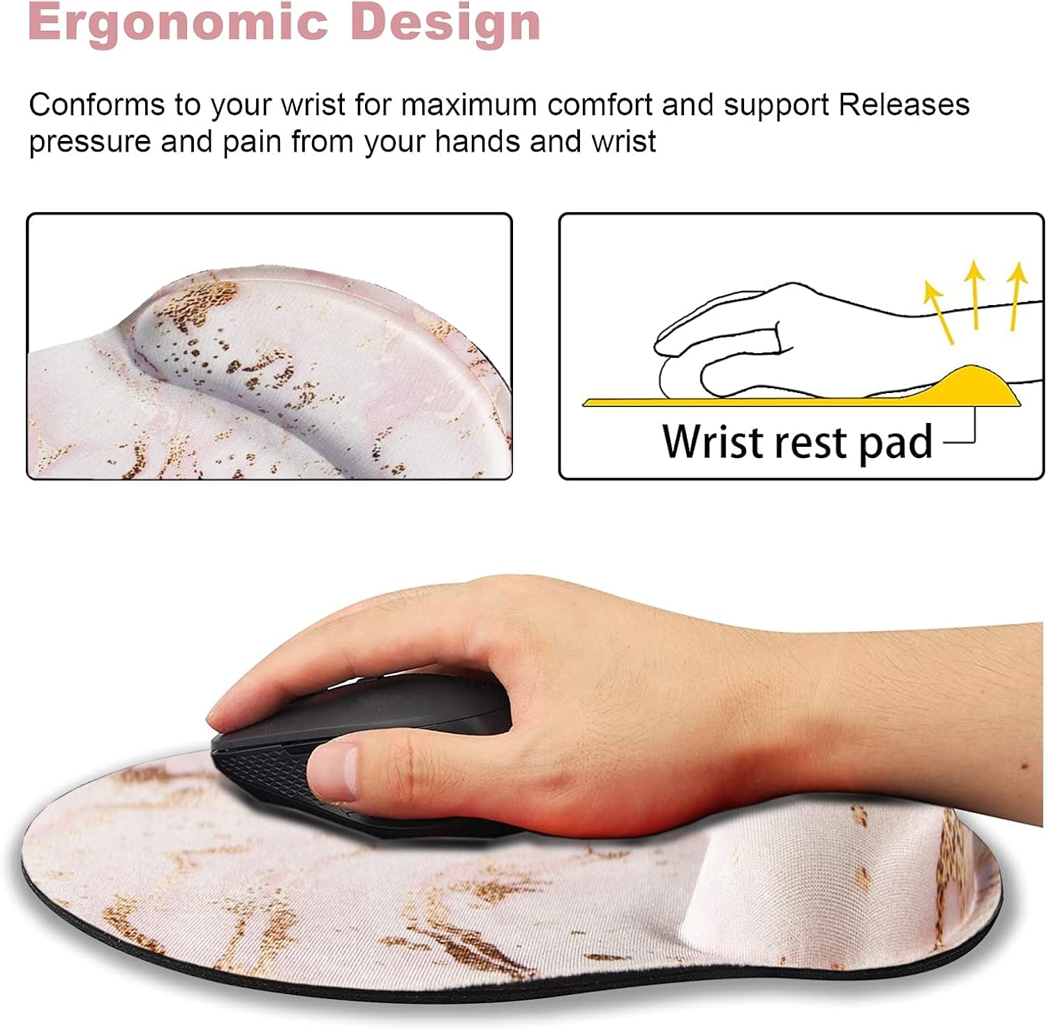 Ergonomic Mouse Pad with Wrist Rest Support Gel, Non Slip Rubber Base Pad Computer PC Laptop Women Men Mousepad for Home, Office, Gaming, Working Easy Typing, Pain Relief, Pink Marble