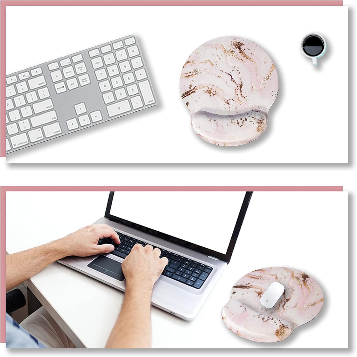 Ergonomic Mouse Pad with Wrist Rest Support Gel, Non Slip Rubber Base Pad Computer PC Laptop Women Men Mousepad for Home, Office, Gaming, Working Easy Typing, Pain Relief, Pink Marble