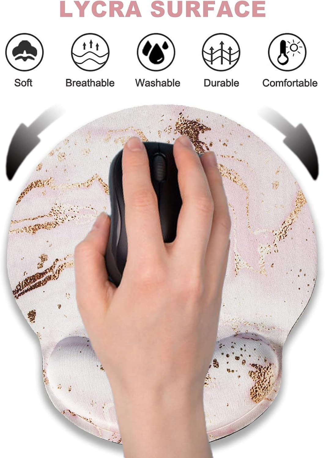 Ergonomic Mouse Pad with Wrist Rest Support Gel, Non Slip Rubber Base Pad Computer PC Laptop Women Men Mousepad for Home, Office, Gaming, Working Easy Typing, Pain Relief, Pink Marble
